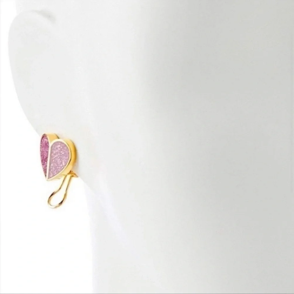 Kate Spade Glitter Pink Heart Clip Safety Pierced Valentine’s Day Earrings